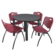 42 in Round Breakroom Table- Grey Top, Black Legs, 4 M Stack Chairs- Burgundy
