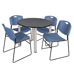 42 in Round Breakroom Table- Grey Top, Chrome Legs, 4 Zeng Stack Chairs- Blue