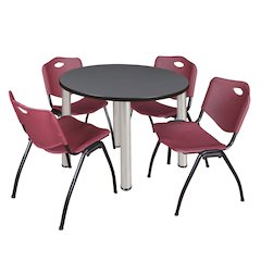 42 in Round Breakroom Table- Grey Top, Chrome Legs, 4 M Stack Chairs- Burgundy
