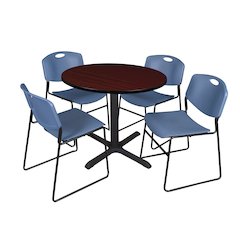 42 in. Round X-Base Breakroom Table- Mahogany & 4 Zeng Stack Chairs- Blue