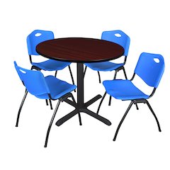 42 in. Round X-Base Breakroom Table- Mahogany & 4 M Stack Chairs- Blue