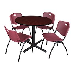 42 in. Round X-Base Breakroom Table- Mahogany & 4 M Stack Chairs- Burgundy
