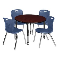 42 Round Adjustable Classroom Table- Mahogany & 4 Andy 18 Stack Chairs- Blue