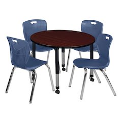 42 Round Adjustable Classroom Table- Mahogany & 4 Andy 18 Stack Chairs- Blue