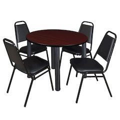 42 in Round Breakroom Table- Mahogany Top, Black Legs, 4 Restaurant Stack Chairs