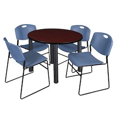 42 in Round Breakroom Table- Mahogany Top, Black Legs, 4 Zeng Stack Chairs- Blue