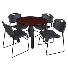 42 Round Breakroom Table- Mahogany Top, Black Legs, 4 Zeng Stack Chairs- Black