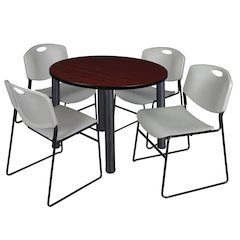 42 in Round Breakroom Table- Mahogany Top, Black Legs, 4 Zeng Stack Chairs- Grey
