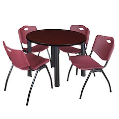 42 Round Breakroom Table- Mahogany Top, Black Legs, 4 M Stack Chairs- Burgundy