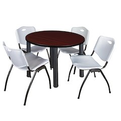 42 in Round Breakroom Table- Mahogany Top, Black Legs, 4 M Stack Chairs- Grey
