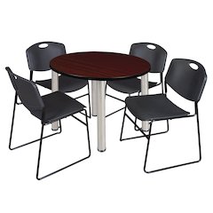 42 Round Breakroom Table- Mahogany Top, Chrome Legs, 4 Zeng Stack Chairs- Black