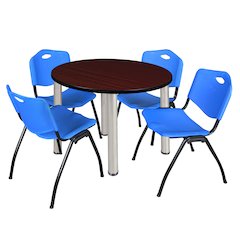 42 in Round Breakroom Table- Mahogany Top, Chrome Legs, 4 M Stack Chairs- Blue