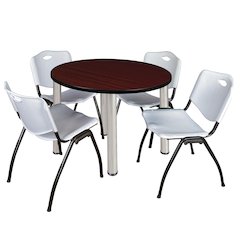 42 in Round Breakroom Table- Mahogany Top, Chrome Legs, 4 M Stack Chairs- Grey