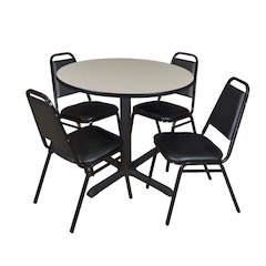 42 in. Round X-Base Breakroom Table- Maple & 4 Restaurant Stack Chairs- Black