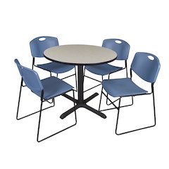 42 in. Round X-Base Breakroom Table- Maple & 4 Zeng Stack Chairs- Blue
