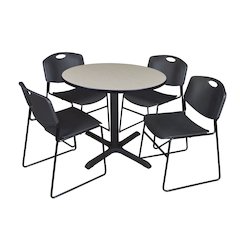 42 in. Round X-Base Breakroom Table- Maple & 4 Zeng Stack Chairs- Black