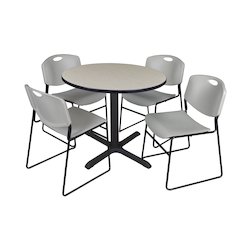42 in. Round X-Base Breakroom Table- Maple & 4 Zeng Stack Chairs- Grey
