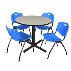 42 in. Round X-Base Breakroom Table- Maple & 4 M Stack Chairs- Blue