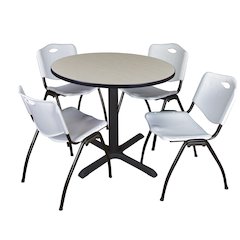 42 in. Round X-Base Breakroom Table- Maple & 4 M Stack Chairs- Grey