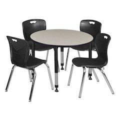42 Round Adjustable Classroom Table- Maple & 4 Andy 18 Stack Chairs- Black