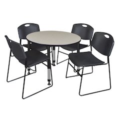 42 in. Round Adjustable Classroom Table- Maple & 4 Zeng Stack Chairs- Black