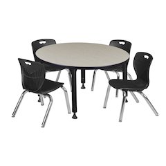 42 Round Adjustable Classroom Table- Maple & 4 Andy 12 Stack Chairs- Black
