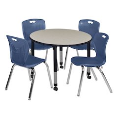 42 Round Adjustable Classroom Table- Maple & 4 Andy 18 Stack Chairs- Blue