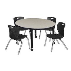42 Round Adjustable Classroom Table- Maple & 4 Andy 12 Stack Chairs- Black