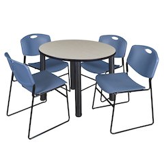 42 in Round Breakroom Table- Maple Top, Black Legs, 4 Zeng Stack Chairs- Blue