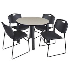 42 in Round Breakroom Table- Maple Top, Black Legs, 4 Zeng Stack Chairs- Black