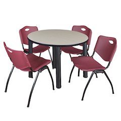 42 in Round Breakroom Table- Maple Top, Black Legs, 4 M Stack Chairs- Burgundy