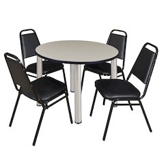 42 in Round Breakroom Table- Maple Top, Chrome Legs, 4 Restaurant Stack Chairs