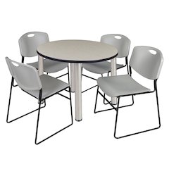 42 in Round Breakroom Table- Maple Top, Chrome Legs, 4 Zeng Stack Chairs- Grey