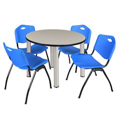 42 in Round Breakroom Table- Maple Top, Chrome Legs, 4 M Stack Chairs- Blue