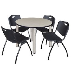 42 in Round Breakroom Table- Maple Top, Chrome Legs, 4 M Stack Chairs- Black
