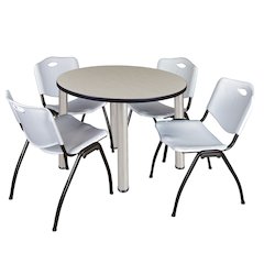 42 in Round Breakroom Table- Maple Top, Chrome Legs, 4 M Stack Chairs- Grey