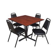 48 in. Square X-Base Breakroom Table- Cherry & 4 Restaurant Stack Chairs- Black