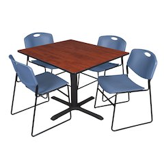 48 in. Square X-Base Breakroom Table- Cherry & 4 Zeng Stack Chairs- Blue