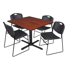 48 in. Square X-Base Breakroom Table- Cherry & 4 Zeng Stack Chairs- Black
