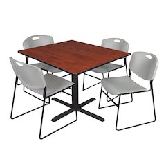 48 in. Square X-Base Breakroom Table- Cherry & 4 Zeng Stack Chairs- Grey