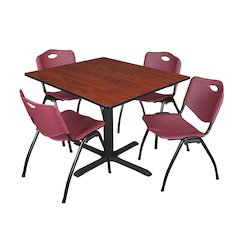 48 in. Square X-Base Breakroom Table- Cherry & 4 M Stack Chairs- Burgundy