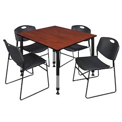 48 in. Square Adjustable Classroom Table- Cherry & 4 Zeng Stack Chairs- Black
