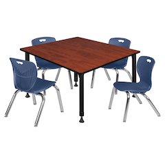 48 Square Adjustable Classroom Table- Cherry & 4 Andy 12 Stack Chairs- Blue