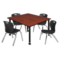 48 Square Mobile Classroom Table- Cherry & 4 Andy 12 Stack Chairs- Black