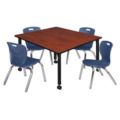 48 Square Mobile Classroom Table- Cherry & 4 Andy 12 Stack Chairs- Blue
