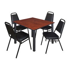 48 in Square Breakroom Table- Cherry Top, Black Legs, 4 Restaurant Stack Chairs