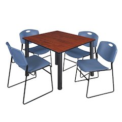 48 in Square Breakroom Table- Cherry Top, Black Legs, 4 Zeng Stack Chairs- Blue