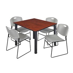 48 in Square Breakroom Table- Cherry Top, Black Legs, 4 Zeng Stack Chairs- Grey