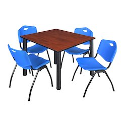 48 in Square Breakroom Table- Cherry Top, Black Legs, 4 M Stack Chairs- Blue