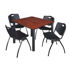 48 in Square Breakroom Table- Cherry Top, Black Legs, 4 M Stack Chairs- Black